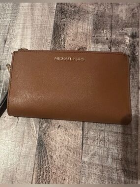 Michael Kors Tan Leather Wristlet Wallet with Gold Logo